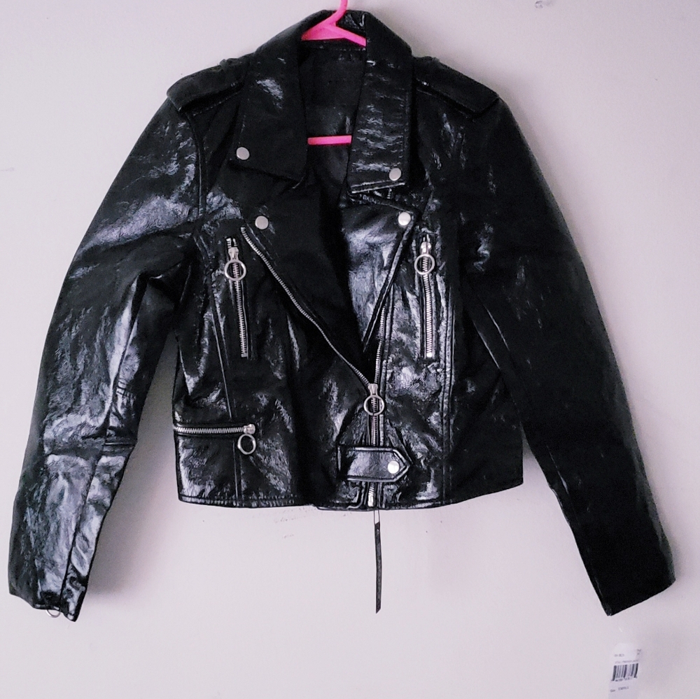 BLANKNYC Womans Black Steel Panther Shiny Vegan Moto Jacket NWT Size Small